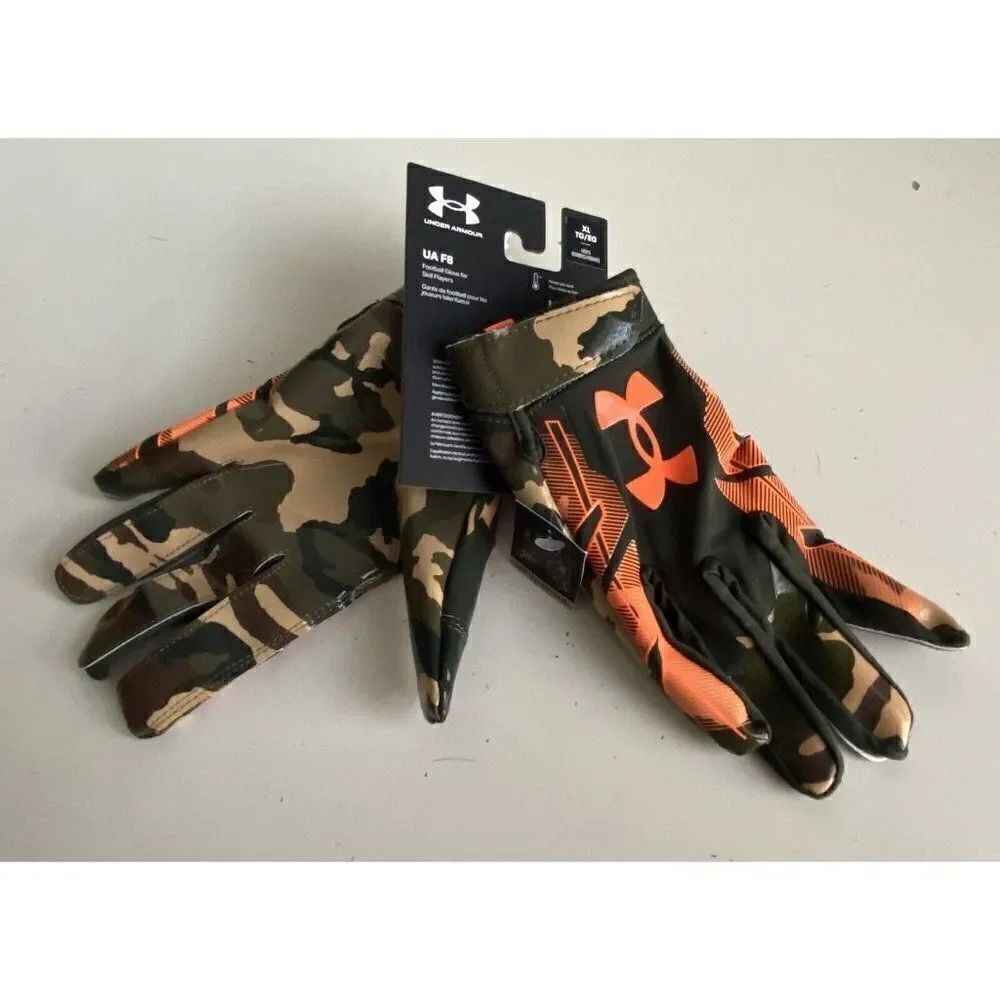 Under Armour Men's UA F8 Novelty Football Gloves 1370840-310 Orange Camo Sz L